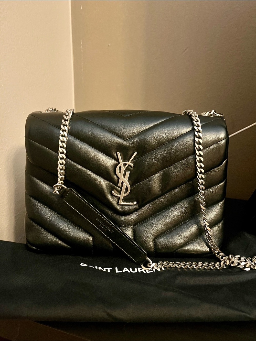 Saint Laurent Black Quilted Chevron Leather Chain Shoulder Bag